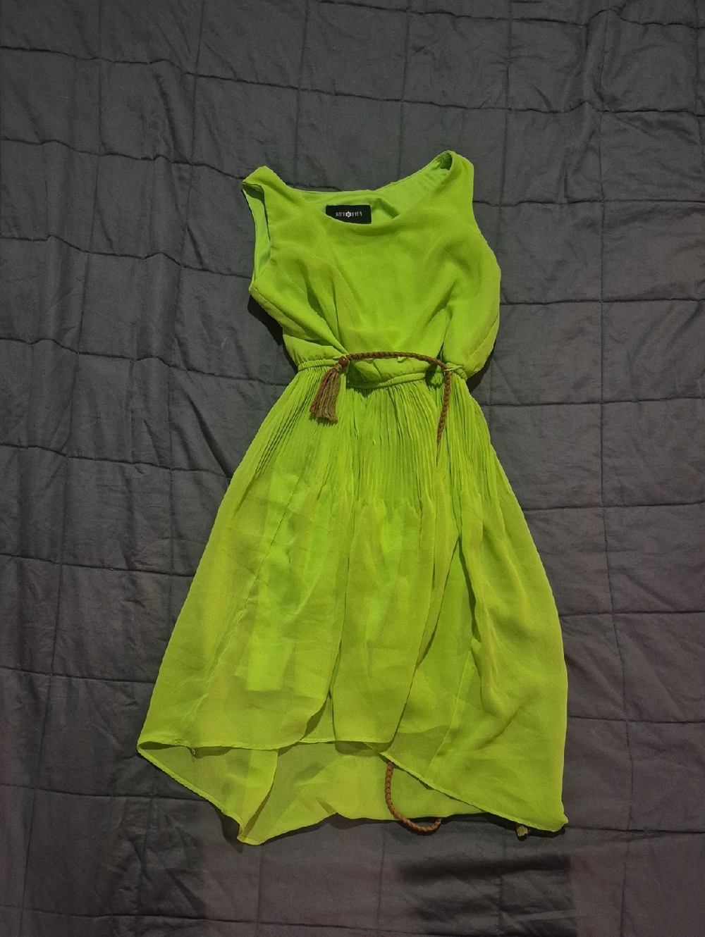 Amy Byer Bright Lime Sleeveless Chiffon Dress with Braided Waist Tie